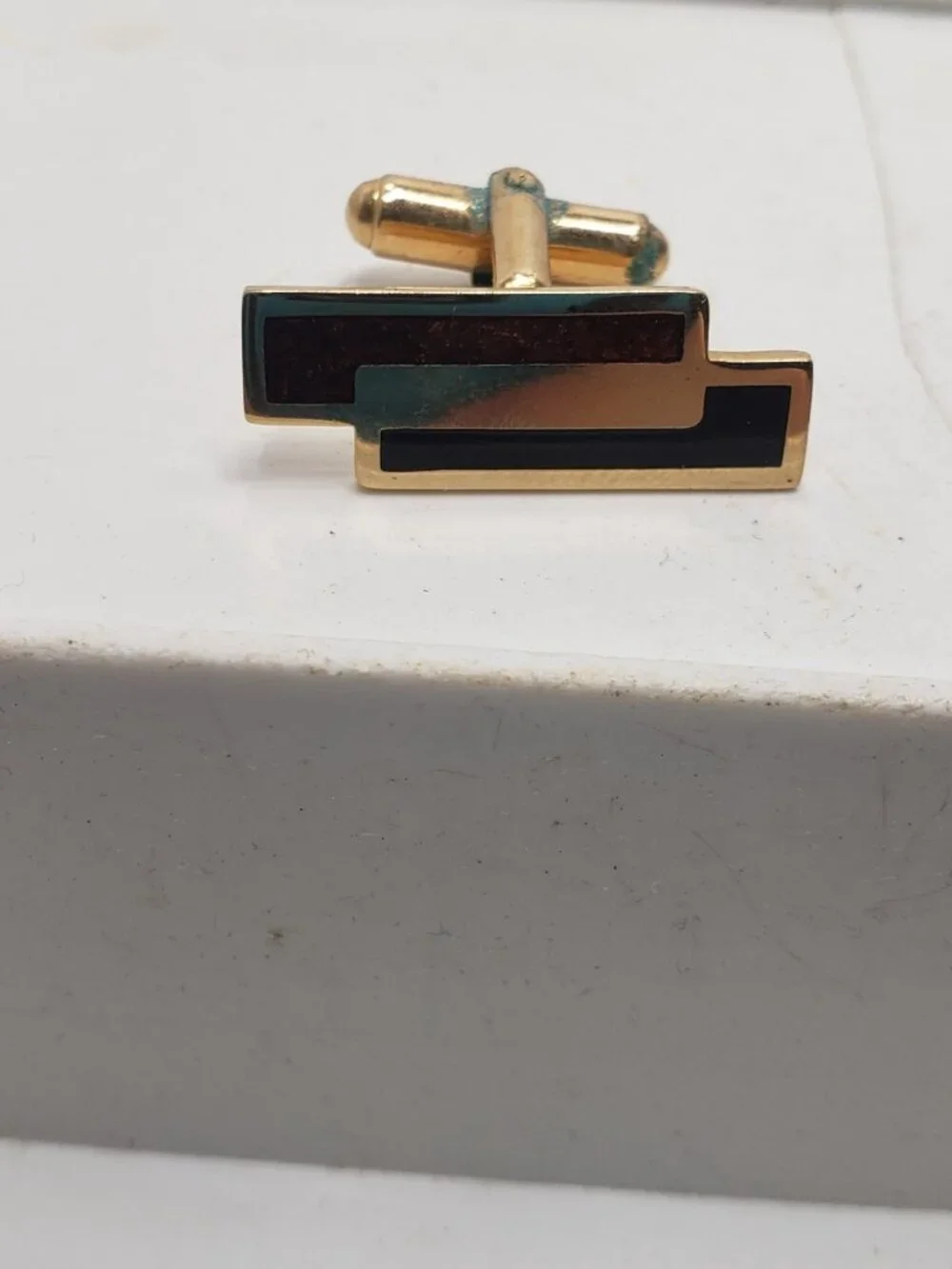 Vintage Gold Tone Black Brown Enamel Geometric Cufflinks Mens Formal